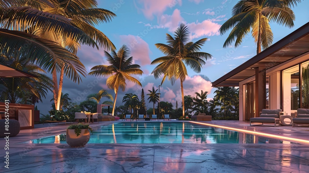 Obraz premium A luxury pool home's elegant outdoor area, with palm trees swaying gently in the evening breeze