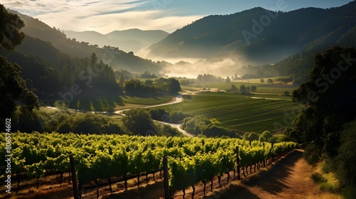 Panoramic view of a vineyard in the morning light.