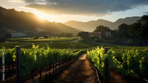 panorama of vineyard in Tuscany  Italy at sunset
