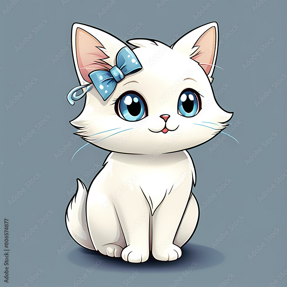 cute white cat cartoon with a blue bow isolated on white background