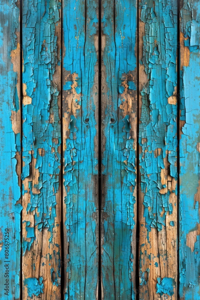 A blue wooden wall shows signs of wear with paint peeling off A blue wooden wall shows signs of wear with paint peeling off