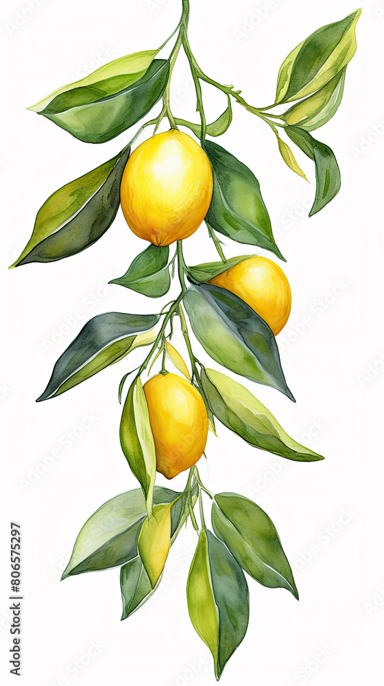 Branch with lemons and leaves. Summer and harvest. Isolated watercolor illustration on white background.