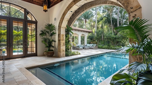 A Mediterranean-style pool house with an arched doorway leading to a hidden garden pool