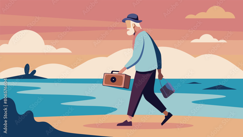 An old man walking along the shoreline carrying a beatup record player and a bag full of his favorite albums to enjoy in solitude. Vector illustration