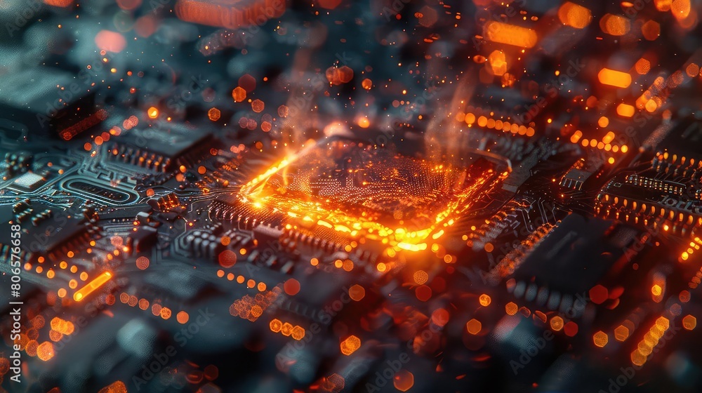 A computer chip with sparks. The chip is damaged and is overheating. A computer chip with sparks. The chip is damaged and is overheating.