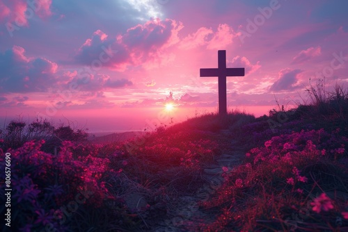 Easter background, cross, 4k HD wallpaper，Divine Twilight: Symbolic Silhouette of the Cross Illuminated by Dramatic Sunset