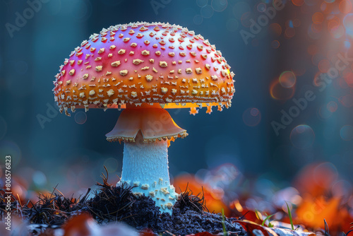  A colorful mushroom with glittering dots stands on the forest floor, surrounded by autumn leaves and soft sunlight filtering through trees in the background. Created with Ai
