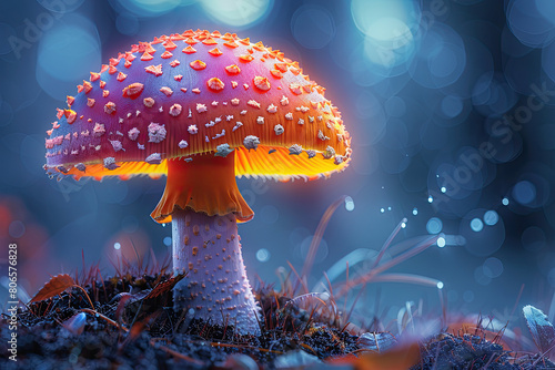 A psychedelic mushroom growing in the forest, with its cap covered in vibrant colors and dots of light shining through it. Created with Ai