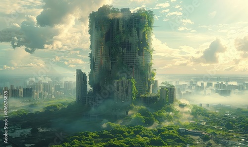 A tall, abandoned skyscraper covered in overgrown plants and vines, stands in the middle of a ruined city. The sky is hazy and the sun is breaking through the clouds. photo