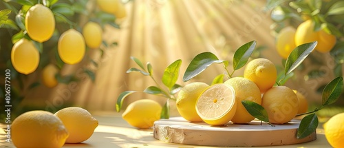 There is a wooden table in the lemon orchard. The lemons are ripe and the orchard is lush. The sun is shining through the trees.