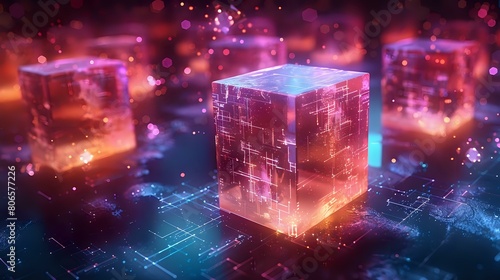 Glowing Cubes and Cosmic Elements in Modern High-Tech Concept