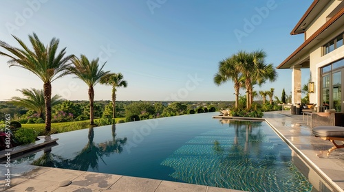 A panoramic view of a luxury pool home s expansive backyard oasis  complete with palm trees and a clear sky