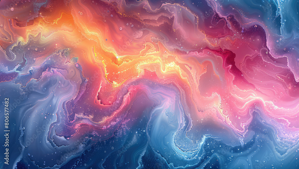 A vibrant and dynamic background of swirling colors, representing the cosmic beauty of space, with nebulae and galaxies swirling in shades of blue, purple, red, pink, orange, and yellow. 