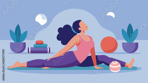 A woman with fibromyalgia lying on a bolster with her eyes closed surrounded by others in a similar position supported by yoga props during a. Vector illustration