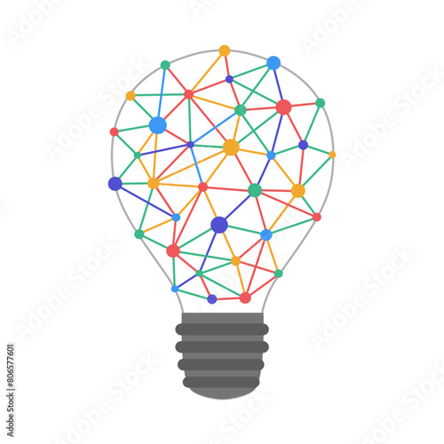 Creative ideas concept illustration. Polygonal lightbulb made of colorful lines and dots.