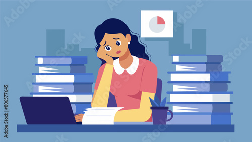 A young woman sits at a desk surrounded by stacks of papers tears in her eyes as she realizes that filing for bankruptcy will not wipe away her. Vector illustration