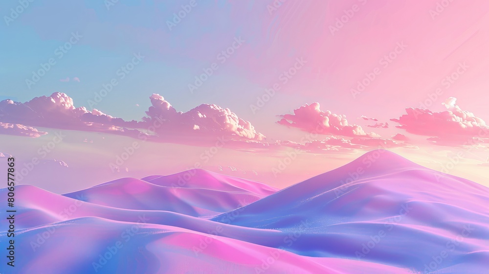 A composite landscape scene featuring a sunset over a hill, blending 3D graphics and photos. The color palette is pastel with minimal pink hues, and there are 3D clouds in the sky. A composite landscape scene featuring a sunset over a hill, blending 3D graphics and photos. The color palette is pastel with minimal pink hues, and there are 3D clouds in the sky.