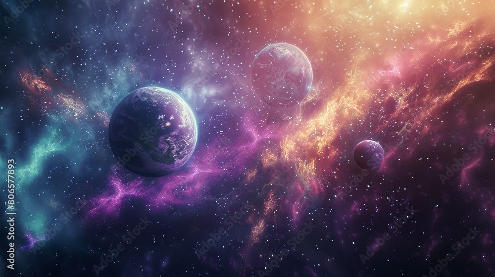 A 3D illustration of a vibrant universe with undiscovered planets. A 3D illustration of a vibrant universe with undiscovered planets.