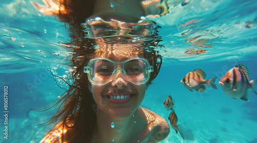Close-up of a little girl playing underwater.