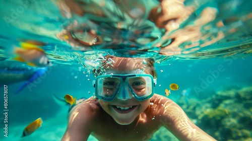 Close-up of a boy playing underwater. © Doraway