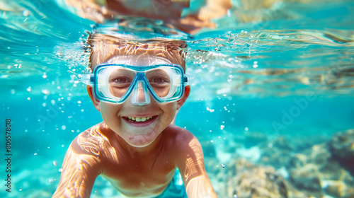Close-up of a boy playing underwater.