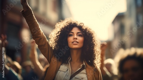 A woman raising her arms Young woman protesting in the street to protect civil rights photo