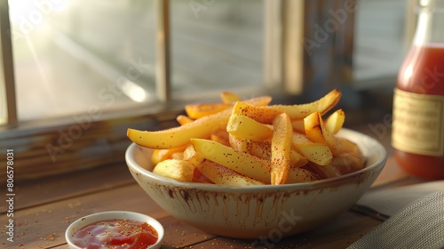 A top-down  highly detailed image of a bowl of overcooked  crispy French fries with visible seasoning. 