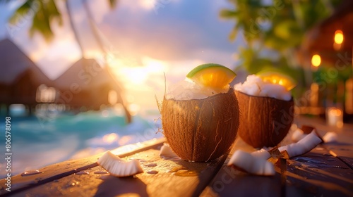 Tropical Coconut Drinks With Lime On A Wooden Bar By The Pool  Palm Trees and Bungalows Backdrop