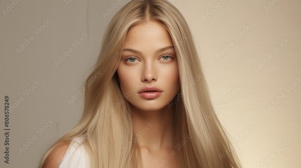 A long hair. Woman with straight blonde hair on beige background A long hair. Woman with straight blonde hair on beige background