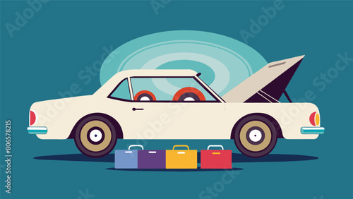 A sleek white vintage music box car featuring a hidden record player under the drivers seat and a collection of vinyls in the trunk. Vector illustration