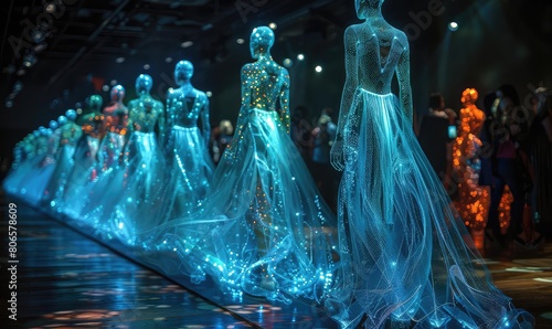 Create a digital fashion show featuring models wearing haute couture dresses made of light and wearing led glasses photo