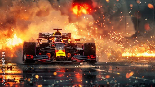 Close-up photograph of a Red Bull Formula 1 car against a dynamic, exploding background.
