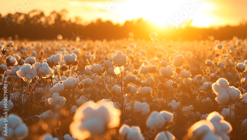 cotton field at sunrise in morning , farm , Agricultural crop ,Fabric, cotton harvest season , beautiful background, cotton buds ,landscape , farming , cinematic view , blur effect
