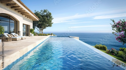 A pool with a vanishing edge, giving the illusion of merging with the sea beside a Mediterranean house