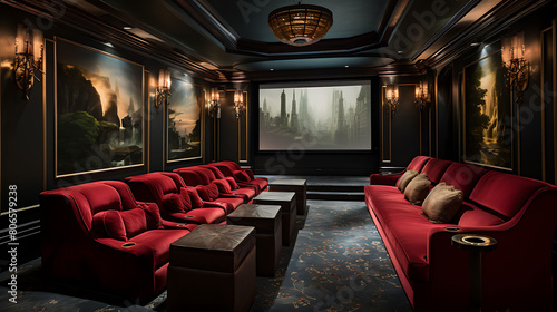 Opulent home theater with velvet seats, classic movie posters, and a popcorn machine,