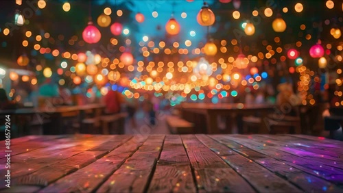 Wooden table, decorative string lights, blurred night market crowd, festival concept photo