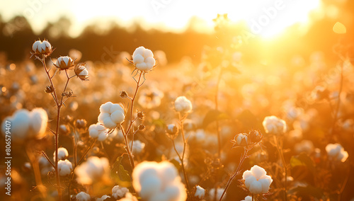 cotton field at sunrise in morning , farm , Agricultural crop ,Fabric, cotton harvest season , beautiful background, cotton buds ,landscape , farming , cinematic view , blur effect 