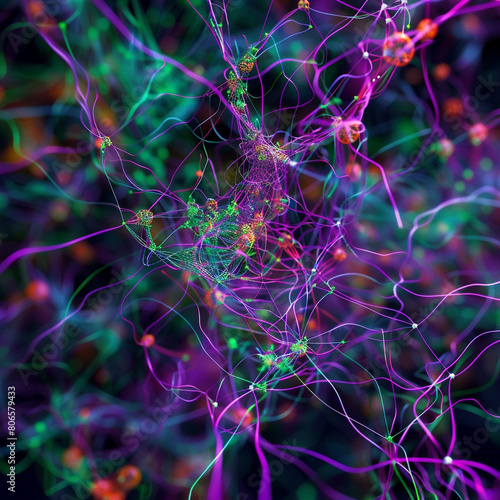 An abstract representation of a digital hub, with colorful threads in shades of purple and green, forming a dense network of connections. photo