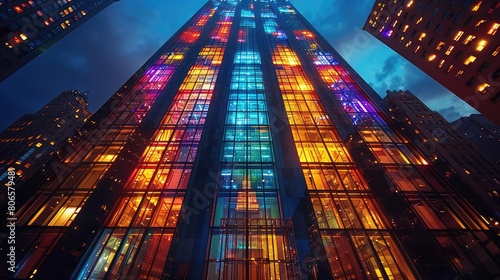 A tall skyscraper with multicolored glass windows that reflect the city lights at night.