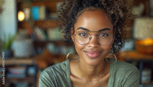 A beautiful black woman in her late twenties wearing glasses and smiling, sitting on the couch of an elegant library with bookshelves behind him. Created with Ai
