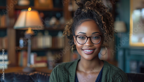  A close up portrait of an attractive African American woman with glasses smiling and wearing casual sitting in her home library. Created with Ai
