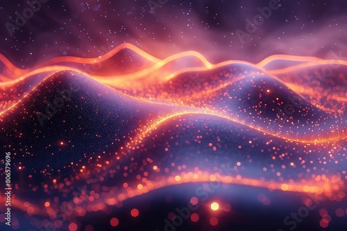 Create a 3D rendering of a glowing particle landscape with a warm color scheme