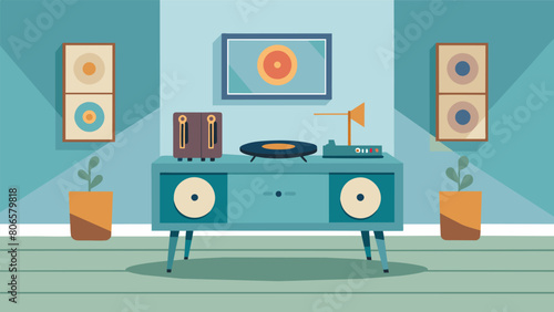 A vintageinspired record player in a retro shade of baby blue displayed on a midcentury modern sideboard in the center of the gallery. Vector illustration