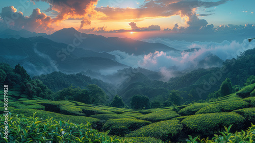  A breathtaking view of the lush green tea plantations in the O extra mountain range  as the sun sets over the mountains casting a golden glow on the clouds and mist that swirl around them. 