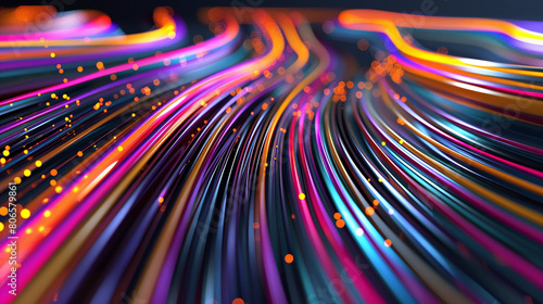 An abstract representation of a high-speed data network with streams of multicolored lines. photo