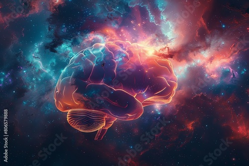A human brain blended with a cosmic nebula.