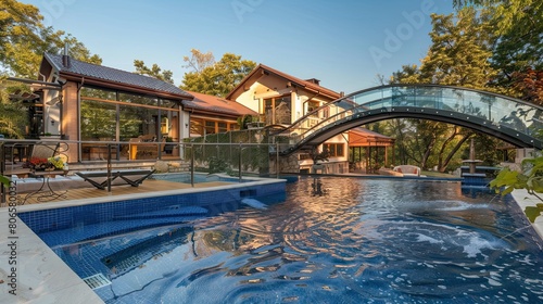 A summer house with a pool featuring a glass bridge connecting two sections of the villa
