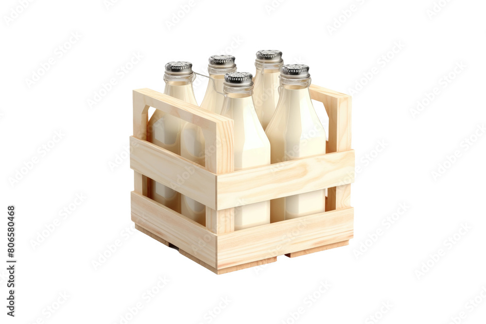 Fototapeta premium Rustic wooden milk crate carrier, glass milk bottles set. Farmhouse dairy packaging prop for delivery and branding isolated on Transparent Background