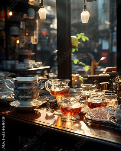 Cups of tea on a table in a cafe. High quality photo