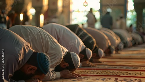 Muslim men in prostration during prayer in mosque. Religious practice and worship concept.  photo